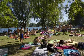 Menschen sonnen sich am Feldmochinger See