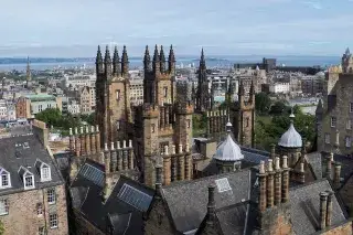 Panorama of Edinburgh with a view of the two towers of Augustine United Church